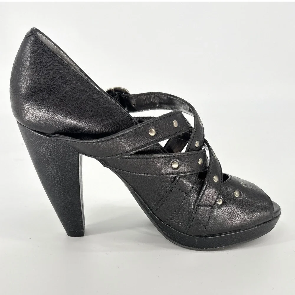 Gianni Bini Black Studded Strappy Peep Toe Platform Heels Size 6.5 Goth Biker